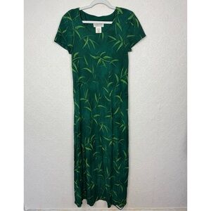Vintage Emerald Green Leaf Maxi Dress Short Sleeve Leaves Foliage Plants Resort